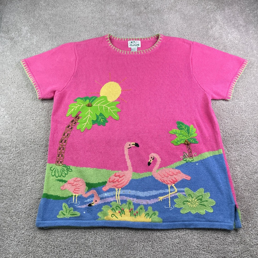 Vintage Quacker Factory Sweater Womens 1X Pink Knit Flamingo Tropical Novelty